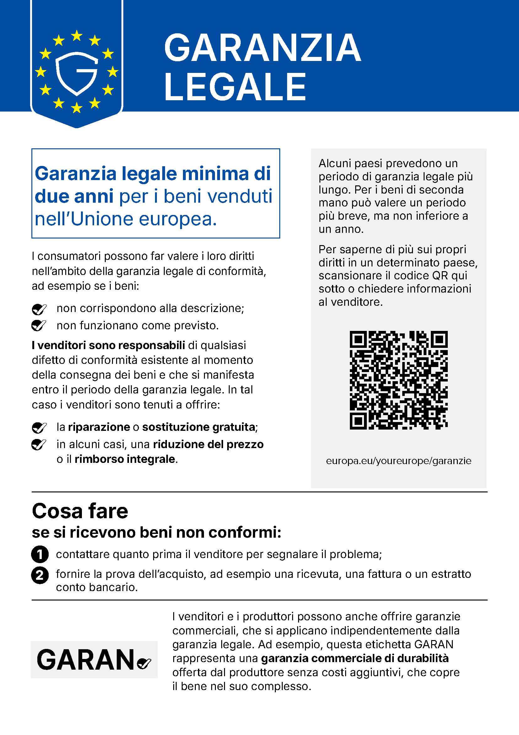 Coperto dalla garanzia legale dell'Unione Europea - minimo 2 anni.